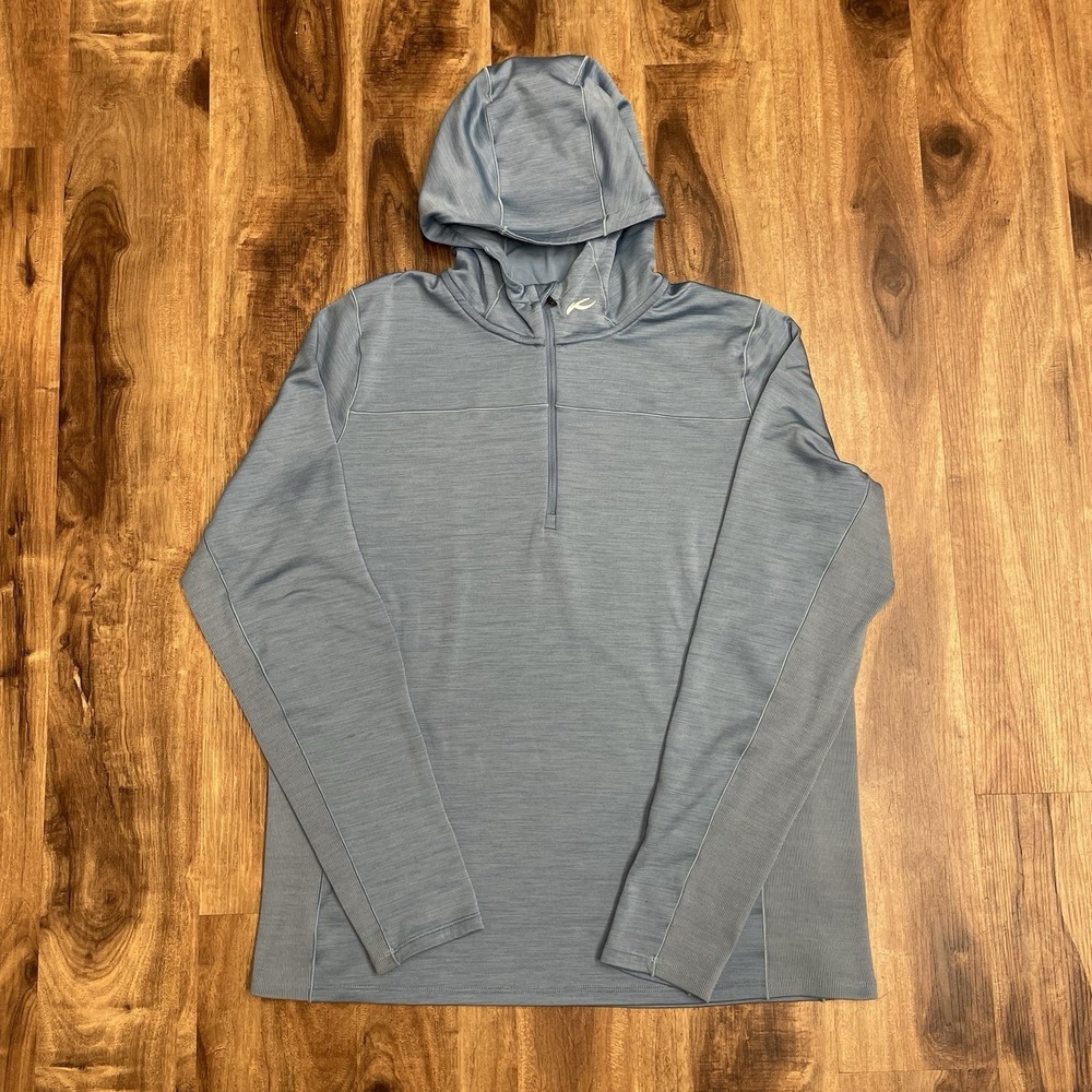 KJUS Hoodie Mens XL Liam Hooded Midlayer Half Zip UPF 50+ Blue Merino Blend